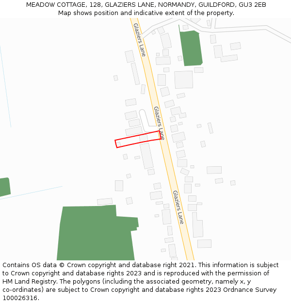 MEADOW COTTAGE, 128, GLAZIERS LANE, NORMANDY, GUILDFORD, GU3 2EB: Location map and indicative extent of plot
