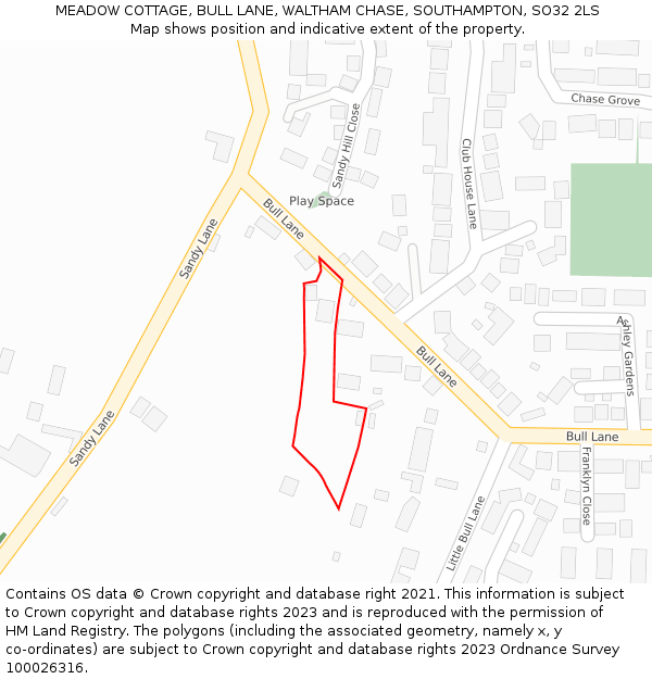 MEADOW COTTAGE, BULL LANE, WALTHAM CHASE, SOUTHAMPTON, SO32 2LS: Location map and indicative extent of plot