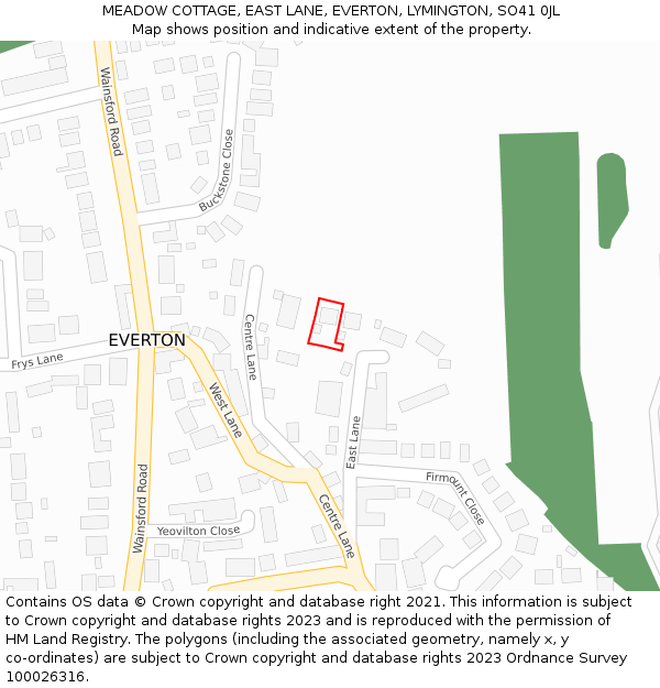 MEADOW COTTAGE, EAST LANE, EVERTON, LYMINGTON, SO41 0JL: Location map and indicative extent of plot