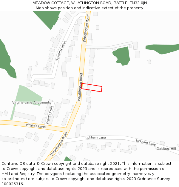 MEADOW COTTAGE, WHATLINGTON ROAD, BATTLE, TN33 0JN: Location map and indicative extent of plot