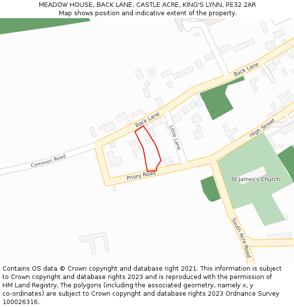 MEADOW HOUSE, BACK LANE, CASTLE ACRE, KING'S LYNN, PE32 2AR: Location map and indicative extent of plot
