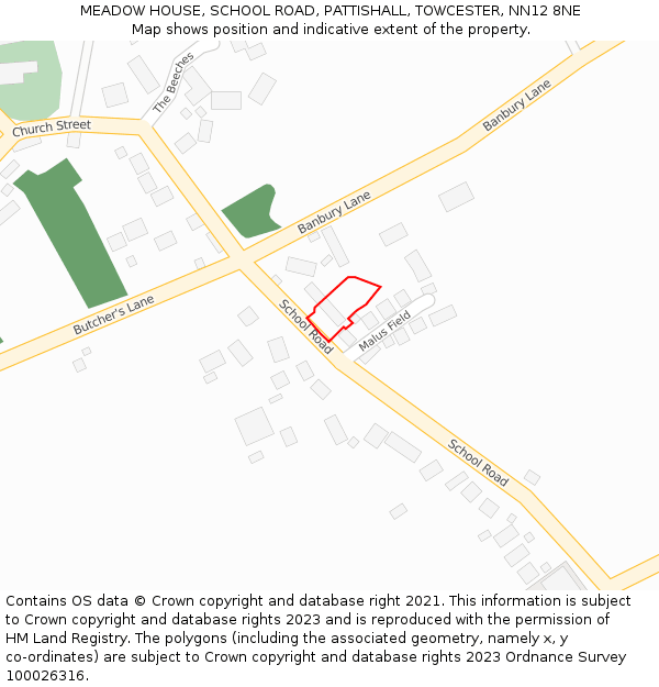 MEADOW HOUSE, SCHOOL ROAD, PATTISHALL, TOWCESTER, NN12 8NE: Location map and indicative extent of plot