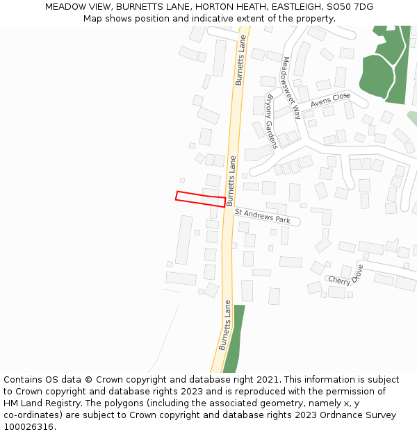 MEADOW VIEW, BURNETTS LANE, HORTON HEATH, EASTLEIGH, SO50 7DG: Location map and indicative extent of plot