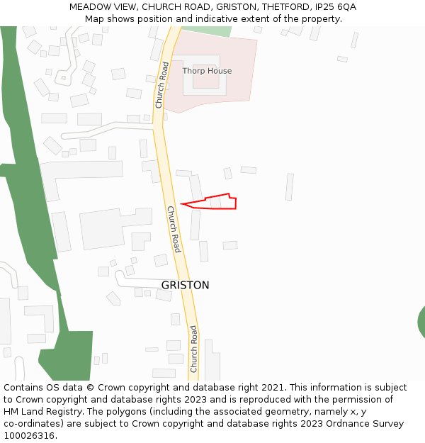 MEADOW VIEW, CHURCH ROAD, GRISTON, THETFORD, IP25 6QA: Location map and indicative extent of plot