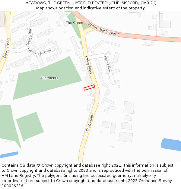 MEADOWS, THE GREEN, HATFIELD PEVEREL, CHELMSFORD, CM3 2JQ: Location map and indicative extent of plot