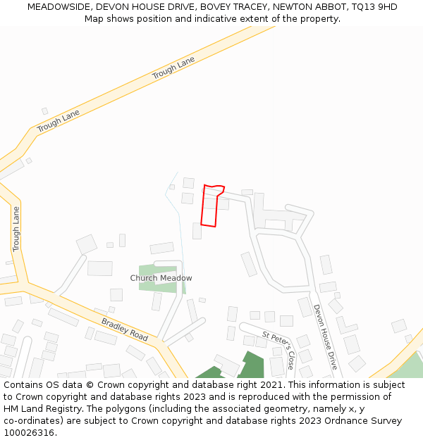 MEADOWSIDE, DEVON HOUSE DRIVE, BOVEY TRACEY, NEWTON ABBOT, TQ13 9HD: Location map and indicative extent of plot