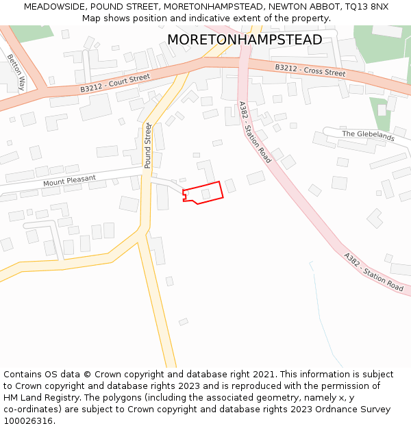 MEADOWSIDE, POUND STREET, MORETONHAMPSTEAD, NEWTON ABBOT, TQ13 8NX: Location map and indicative extent of plot