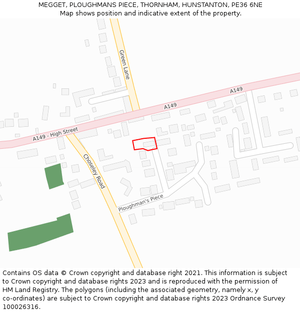 MEGGET, PLOUGHMANS PIECE, THORNHAM, HUNSTANTON, PE36 6NE: Location map and indicative extent of plot