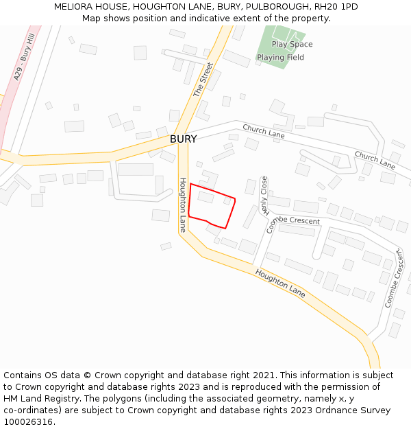 MELIORA HOUSE, HOUGHTON LANE, BURY, PULBOROUGH, RH20 1PD: Location map and indicative extent of plot