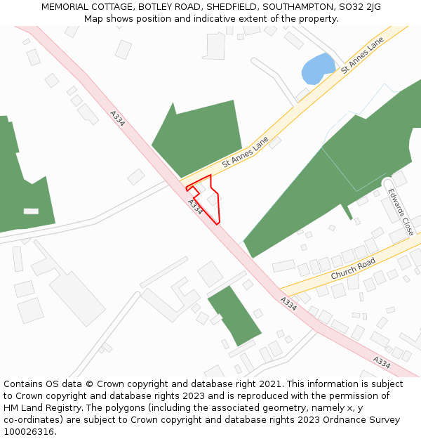 MEMORIAL COTTAGE, BOTLEY ROAD, SHEDFIELD, SOUTHAMPTON, SO32 2JG: Location map and indicative extent of plot