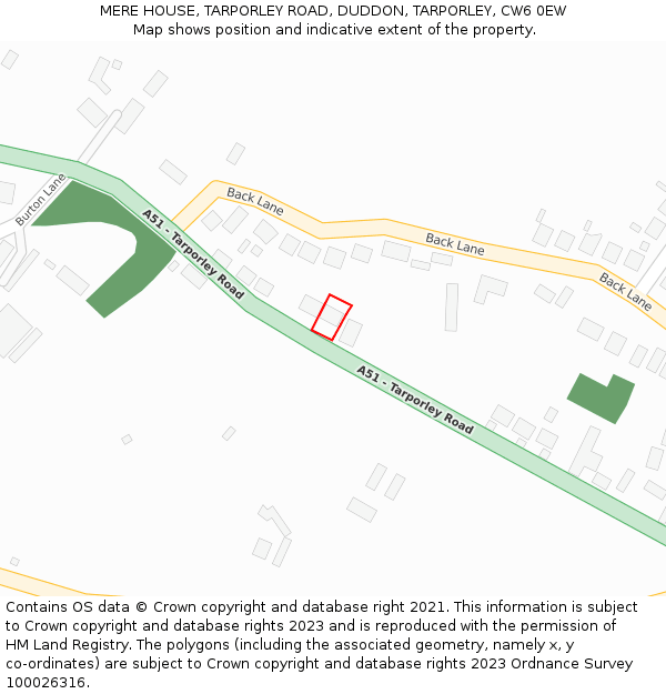 MERE HOUSE, TARPORLEY ROAD, DUDDON, TARPORLEY, CW6 0EW: Location map and indicative extent of plot