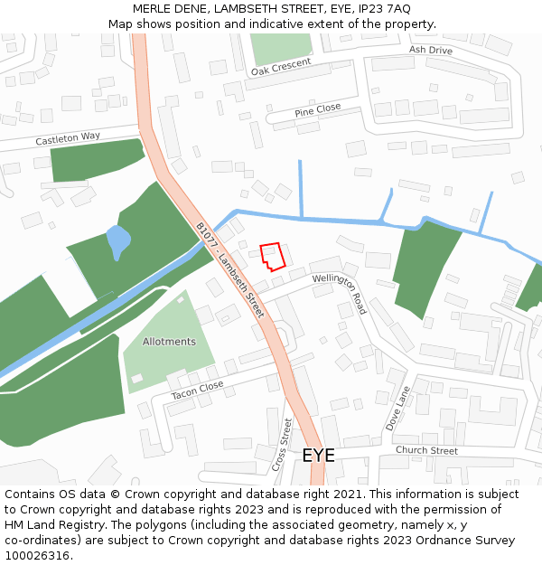 MERLE DENE, LAMBSETH STREET, EYE, IP23 7AQ: Location map and indicative extent of plot
