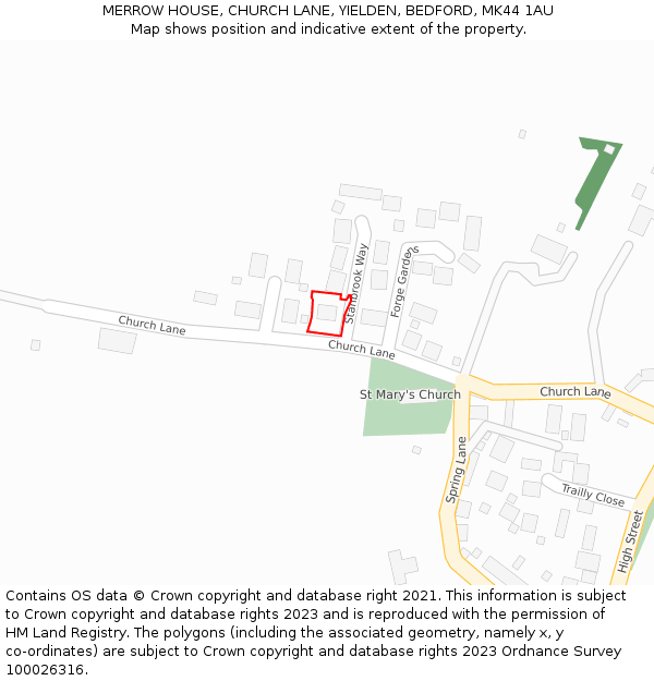 MERROW HOUSE, CHURCH LANE, YIELDEN, BEDFORD, MK44 1AU: Location map and indicative extent of plot