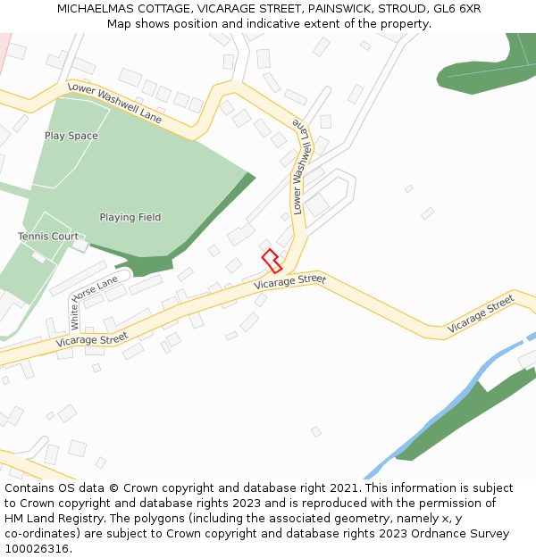MICHAELMAS COTTAGE, VICARAGE STREET, PAINSWICK, STROUD, GL6 6XR: Location map and indicative extent of plot