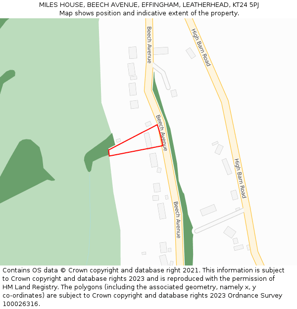 MILES HOUSE, BEECH AVENUE, EFFINGHAM, LEATHERHEAD, KT24 5PJ: Location map and indicative extent of plot