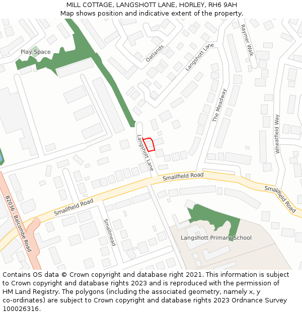 MILL COTTAGE, LANGSHOTT LANE, HORLEY, RH6 9AH: Location map and indicative extent of plot