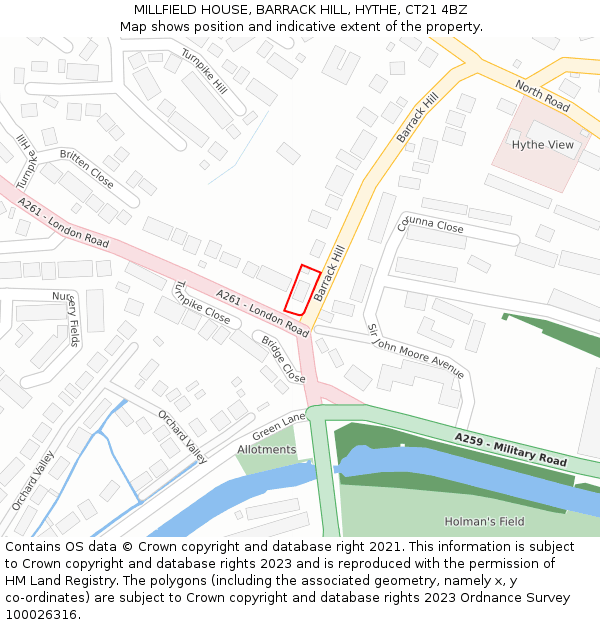 MILLFIELD HOUSE, BARRACK HILL, HYTHE, CT21 4BZ: Location map and indicative extent of plot