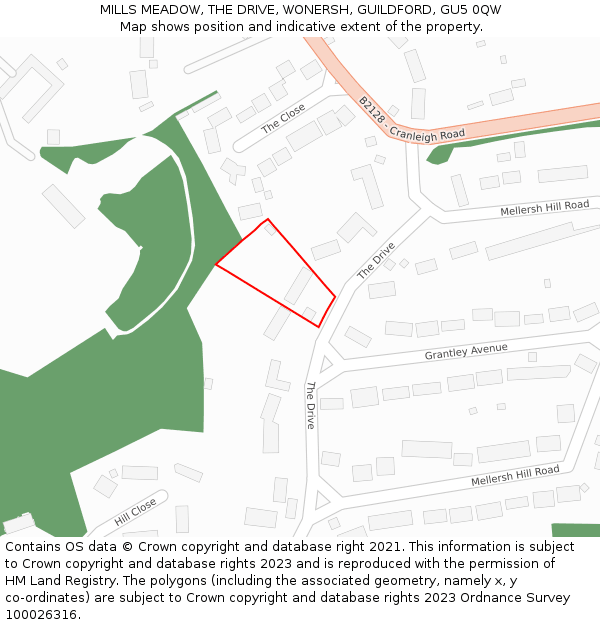 MILLS MEADOW, THE DRIVE, WONERSH, GUILDFORD, GU5 0QW: Location map and indicative extent of plot