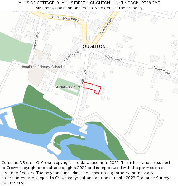 MILLSIDE COTTAGE, 9, MILL STREET, HOUGHTON, HUNTINGDON, PE28 2AZ: Location map and indicative extent of plot