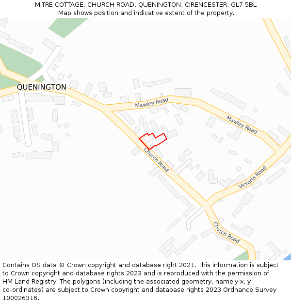 MITRE COTTAGE, CHURCH ROAD, QUENINGTON, CIRENCESTER, GL7 5BL: Location map and indicative extent of plot