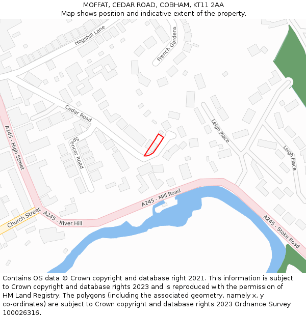 MOFFAT, CEDAR ROAD, COBHAM, KT11 2AA: Location map and indicative extent of plot