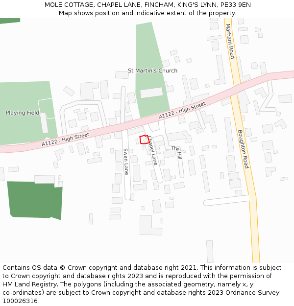 MOLE COTTAGE, CHAPEL LANE, FINCHAM, KING'S LYNN, PE33 9EN: Location map and indicative extent of plot