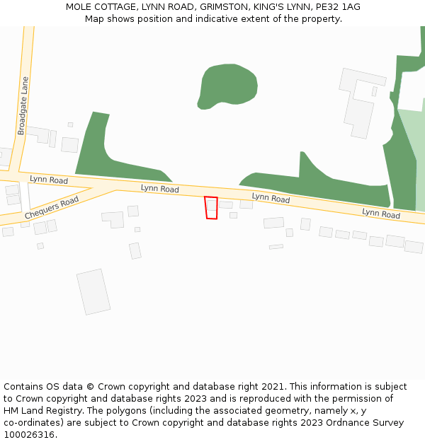 MOLE COTTAGE, LYNN ROAD, GRIMSTON, KING'S LYNN, PE32 1AG: Location map and indicative extent of plot
