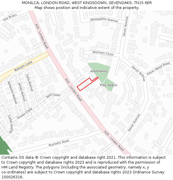 MONILCA, LONDON ROAD, WEST KINGSDOWN, SEVENOAKS, TN15 6ER: Location map and indicative extent of plot
