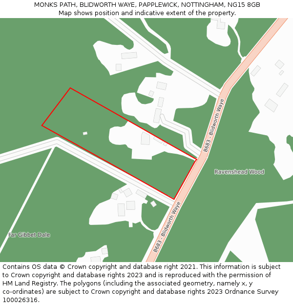 MONKS PATH, BLIDWORTH WAYE, PAPPLEWICK, NOTTINGHAM, NG15 8GB: Location map and indicative extent of plot