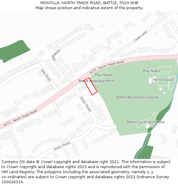 MONTILLA, NORTH TRADE ROAD, BATTLE, TN33 0HB: Location map and indicative extent of plot