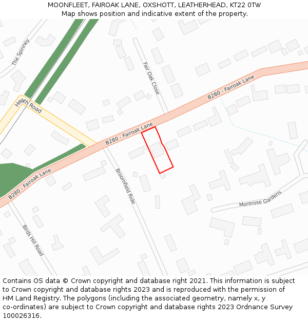 MOONFLEET, FAIROAK LANE, OXSHOTT, LEATHERHEAD, KT22 0TW: Location map and indicative extent of plot