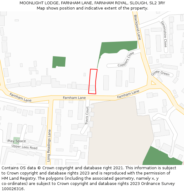 MOONLIGHT LODGE, FARNHAM LANE, FARNHAM ROYAL, SLOUGH, SL2 3RY: Location map and indicative extent of plot