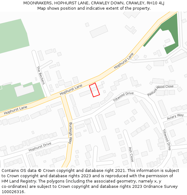 MOONRAKERS, HOPHURST LANE, CRAWLEY DOWN, CRAWLEY, RH10 4LJ: Location map and indicative extent of plot