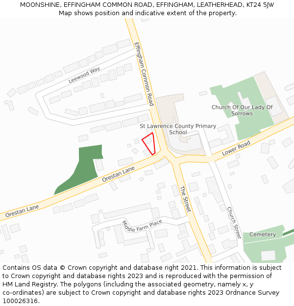 MOONSHINE, EFFINGHAM COMMON ROAD, EFFINGHAM, LEATHERHEAD, KT24 5JW: Location map and indicative extent of plot