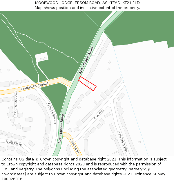 MOORWOOD LODGE, EPSOM ROAD, ASHTEAD, KT21 1LD: Location map and indicative extent of plot