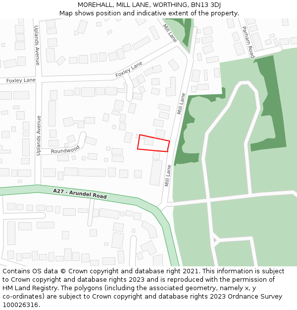 MOREHALL, MILL LANE, WORTHING, BN13 3DJ: Location map and indicative extent of plot