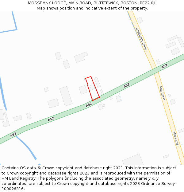 MOSSBANK LODGE, MAIN ROAD, BUTTERWICK, BOSTON, PE22 0JL: Location map and indicative extent of plot