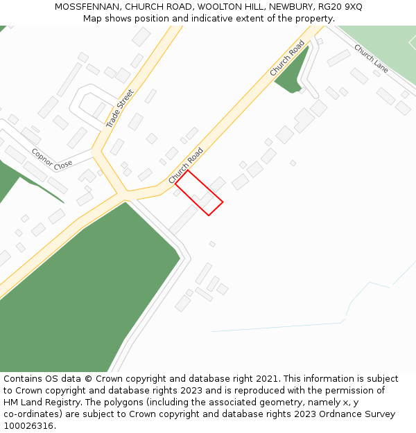 MOSSFENNAN, CHURCH ROAD, WOOLTON HILL, NEWBURY, RG20 9XQ: Location map and indicative extent of plot