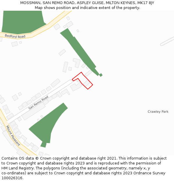 MOSSMAN, SAN REMO ROAD, ASPLEY GUISE, MILTON KEYNES, MK17 8JY: Location map and indicative extent of plot