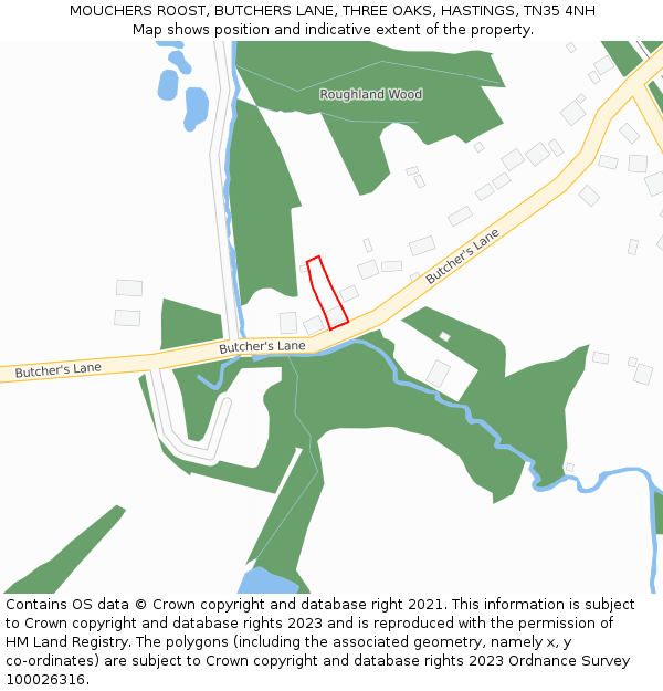 MOUCHERS ROOST, BUTCHERS LANE, THREE OAKS, HASTINGS, TN35 4NH: Location map and indicative extent of plot