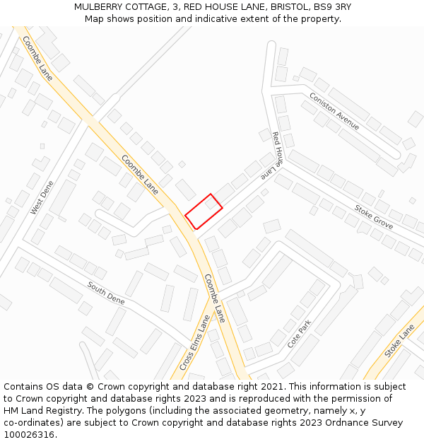 MULBERRY COTTAGE, 3, RED HOUSE LANE, BRISTOL, BS9 3RY: Location map and indicative extent of plot