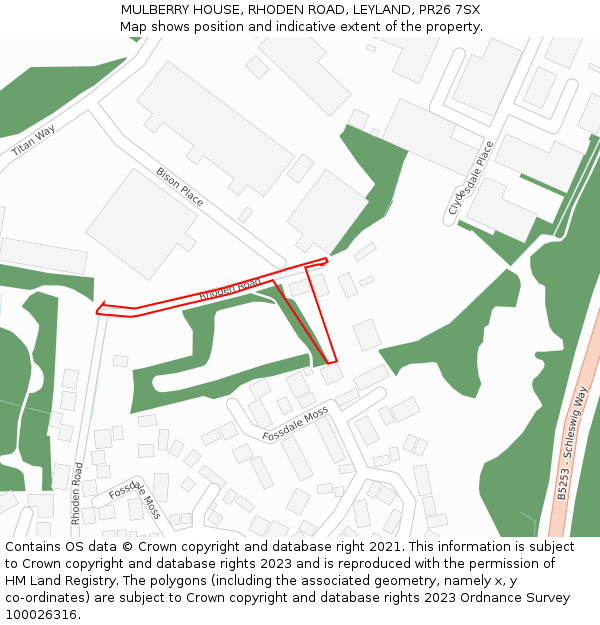 MULBERRY HOUSE, RHODEN ROAD, LEYLAND, PR26 7SX: Location map and indicative extent of plot