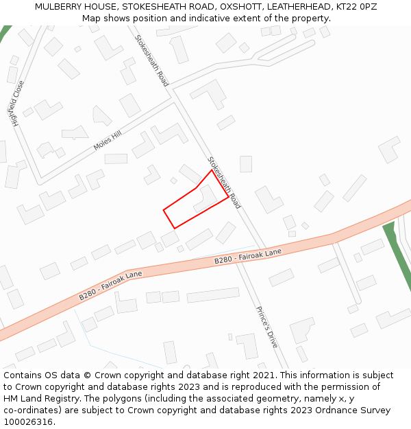 MULBERRY HOUSE, STOKESHEATH ROAD, OXSHOTT, LEATHERHEAD, KT22 0PZ: Location map and indicative extent of plot