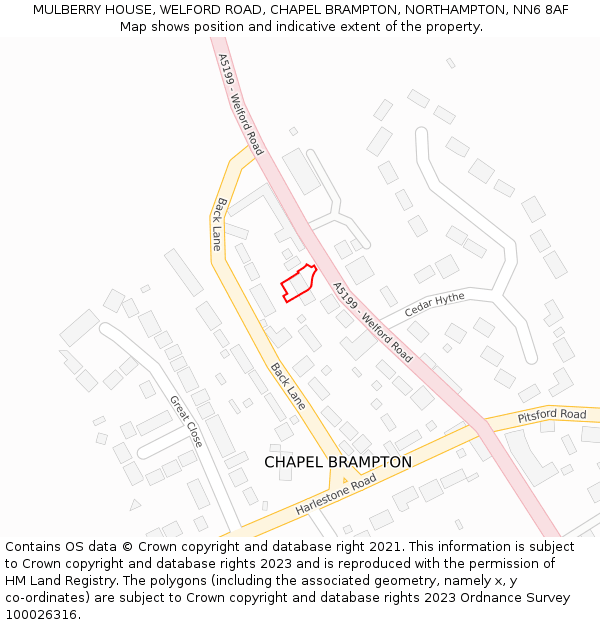 MULBERRY HOUSE, WELFORD ROAD, CHAPEL BRAMPTON, NORTHAMPTON, NN6 8AF: Location map and indicative extent of plot