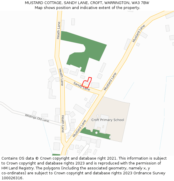 MUSTARD COTTAGE, SANDY LANE, CROFT, WARRINGTON, WA3 7BW: Location map and indicative extent of plot