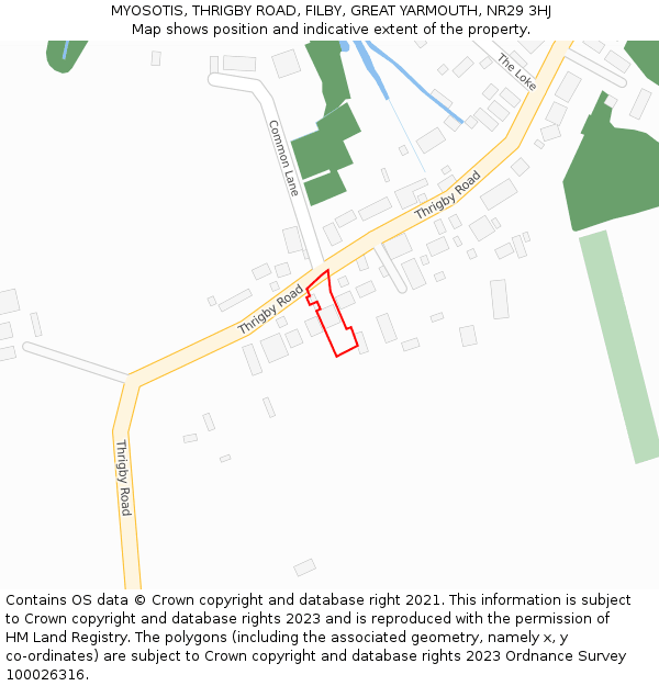 MYOSOTIS, THRIGBY ROAD, FILBY, GREAT YARMOUTH, NR29 3HJ: Location map and indicative extent of plot