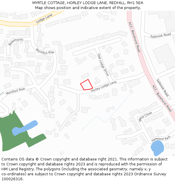 MYRTLE COTTAGE, HORLEY LODGE LANE, REDHILL, RH1 5EA: Location map and indicative extent of plot