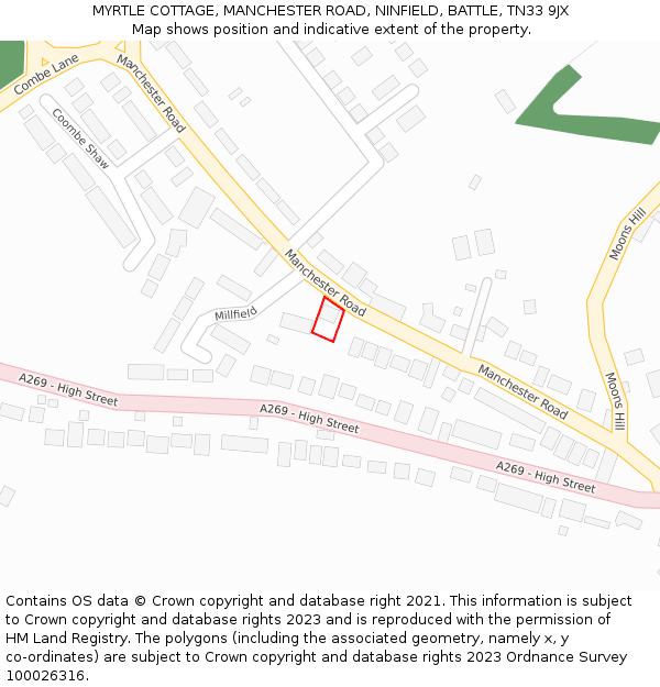 MYRTLE COTTAGE, MANCHESTER ROAD, NINFIELD, BATTLE, TN33 9JX: Location map and indicative extent of plot