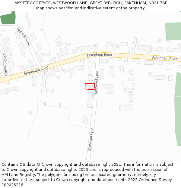 MYSTERY COTTAGE, WESTWOOD LANE, GREAT RYBURGH, FAKENHAM, NR21 7AP: Location map and indicative extent of plot