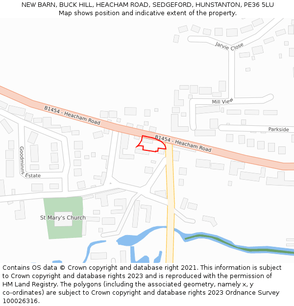 NEW BARN, BUCK HILL, HEACHAM ROAD, SEDGEFORD, HUNSTANTON, PE36 5LU: Location map and indicative extent of plot